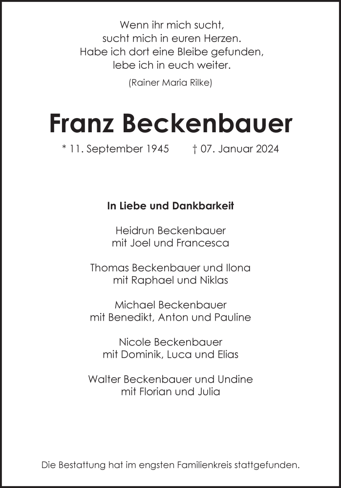  Traueranzeige für Franz Beckenbauer vom 13.01.2024 aus Süddeutsche Zeitung
