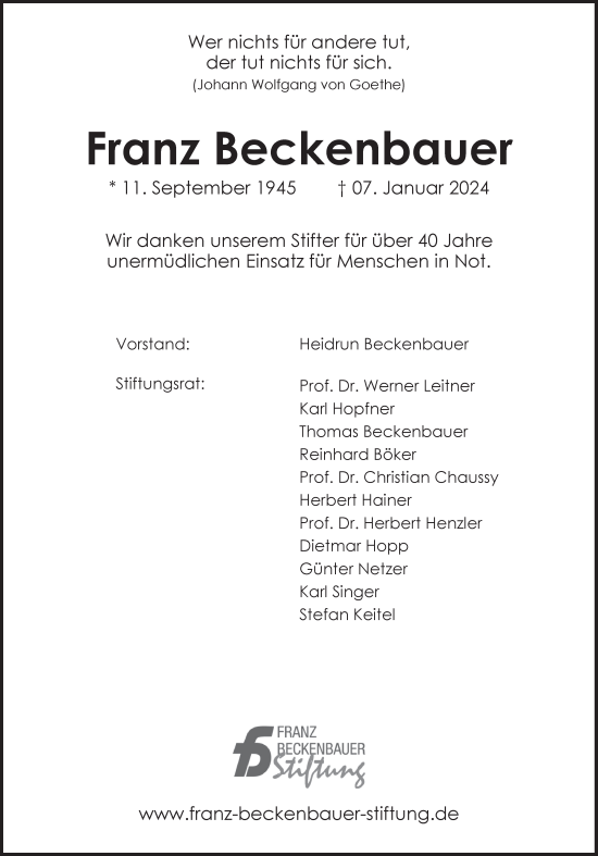 Traueranzeige von Franz Beckenbauer von Süddeutsche Zeitung