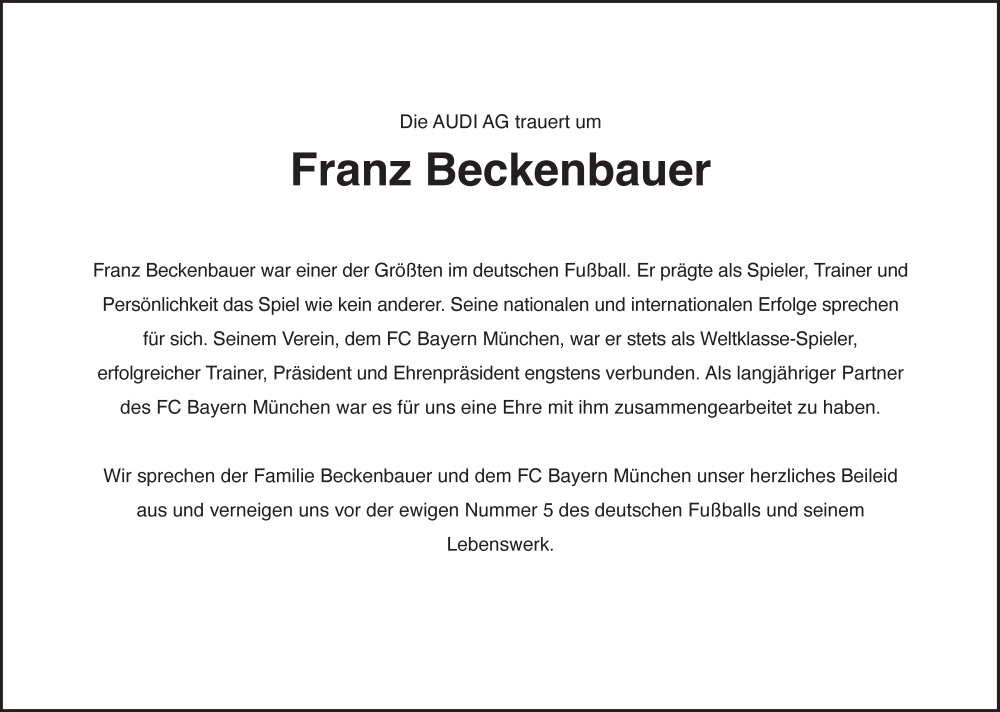  Traueranzeige für Franz Beckenbauer vom 13.01.2024 aus Süddeutsche Zeitung