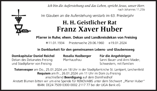 Traueranzeige von Franz Xaver Huber von Süddeutsche Zeitung