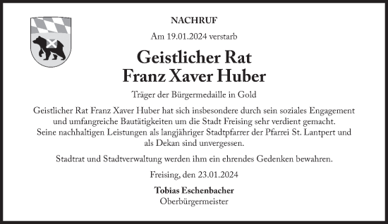 Traueranzeige von Franz Xaver Huber von Süddeutsche Zeitung