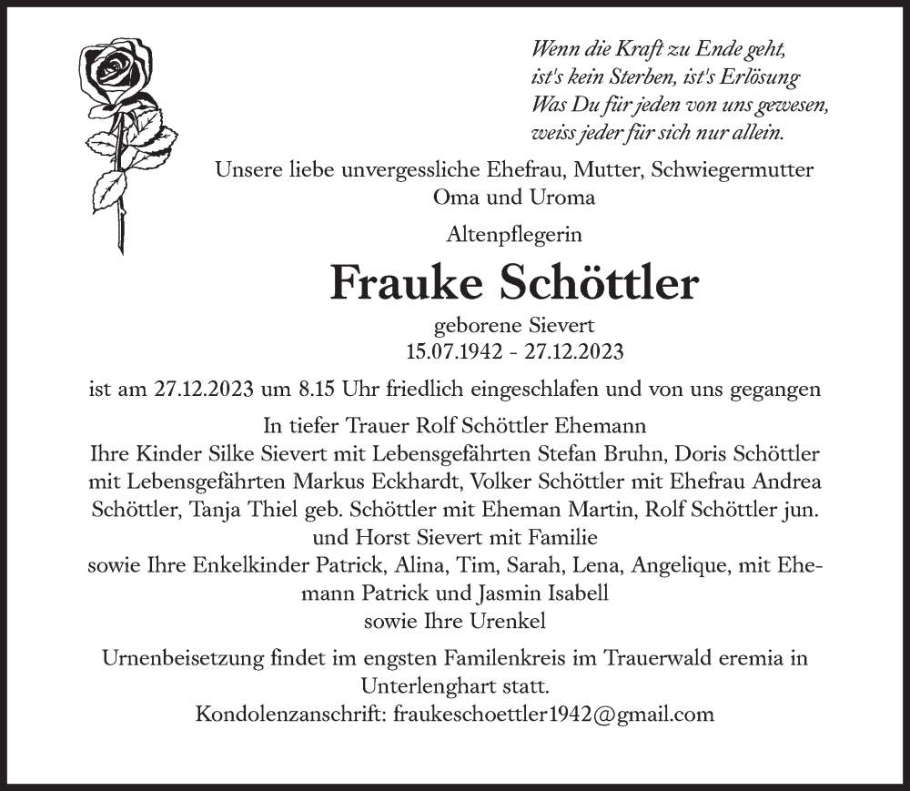  Traueranzeige für Frauke Schöttler vom 25.01.2024 aus Süddeutsche Zeitung