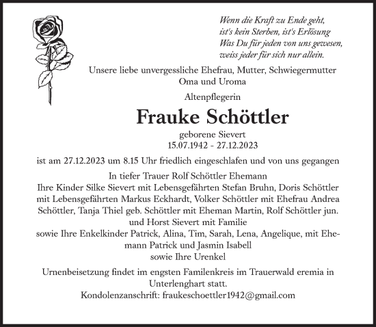 Traueranzeige von Frauke Schöttler von Süddeutsche Zeitung