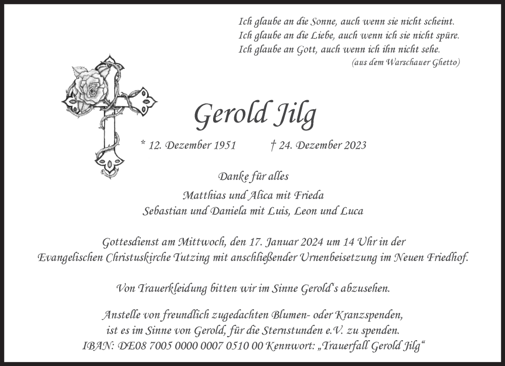  Traueranzeige für Gerold Jilg vom 10.01.2024 aus Süddeutsche Zeitung