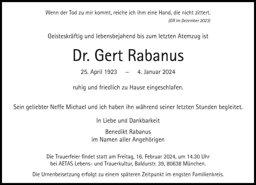  Traueranzeige für Gert Rabanus vom 20.01.2024 aus Süddeutsche Zeitung