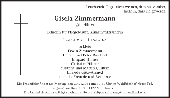 Traueranzeige von Gisela Zimmermann von Süddeutsche Zeitung