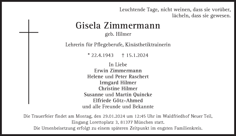  Traueranzeige für Gisela Zimmermann vom 20.01.2024 aus Süddeutsche Zeitung