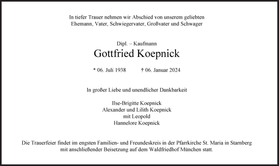 Traueranzeige von Gottfried Koepnick von Süddeutsche Zeitung