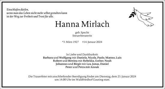 Traueranzeige von Hanna Mirlach von Süddeutsche Zeitung
