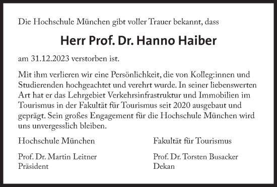 Traueranzeige von Hanno Haiber von Süddeutsche Zeitung