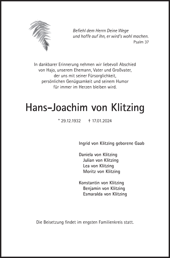 Traueranzeige von Hans-Joachim von Klitzing von Süddeutsche Zeitung