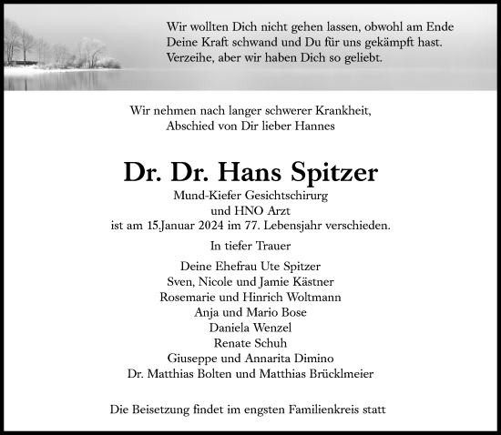 Traueranzeige von Hans Spitzer von Süddeutsche Zeitung