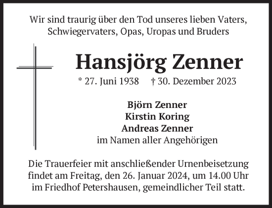 Traueranzeige von Hansjörg Zenner von Süddeutsche Zeitung