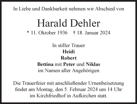 Traueranzeige von Harald Dehler von Süddeutsche Zeitung