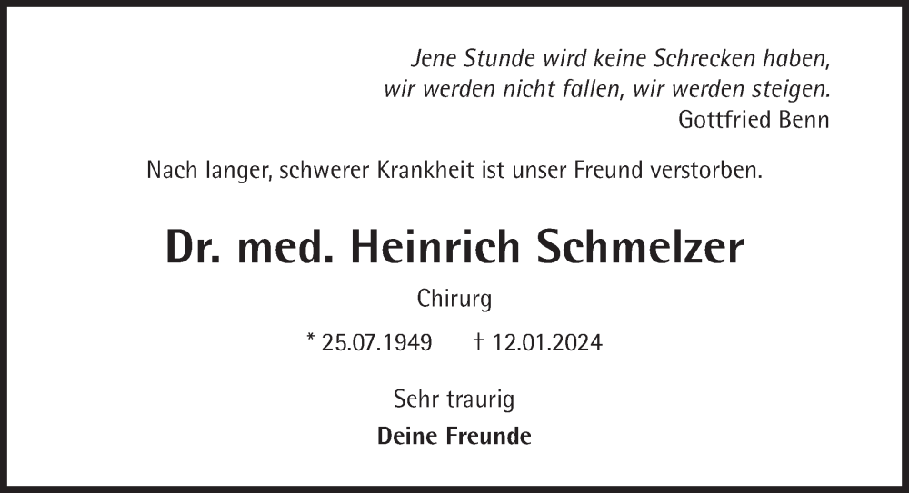  Traueranzeige für Heinrich Schmelzer vom 20.01.2024 aus Süddeutsche Zeitung