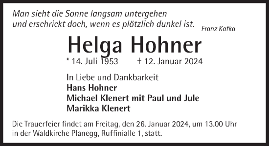 Traueranzeige von Helga Hohner von Süddeutsche Zeitung
