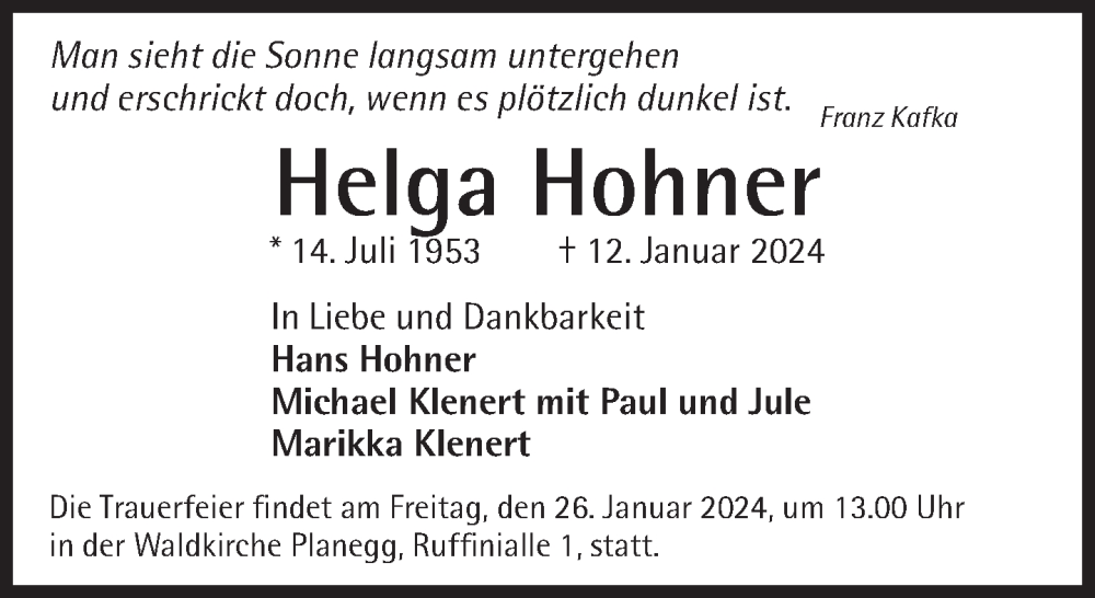 Traueranzeige für Helga Hohner vom 20.01.2024 aus Süddeutsche Zeitung