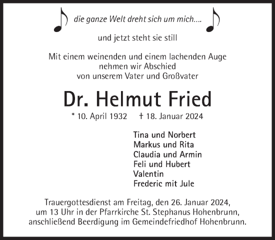 Traueranzeige von Helmut Fried von Süddeutsche Zeitung