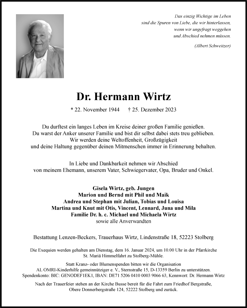  Traueranzeige für Hermann Wirtz vom 05.01.2024 aus Süddeutsche Zeitung
