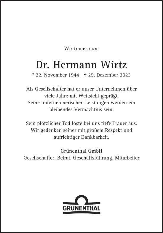 Traueranzeige von Hermann Wirtz von Süddeutsche Zeitung
