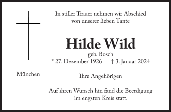 Traueranzeige von Hilde Wild von Süddeutsche Zeitung