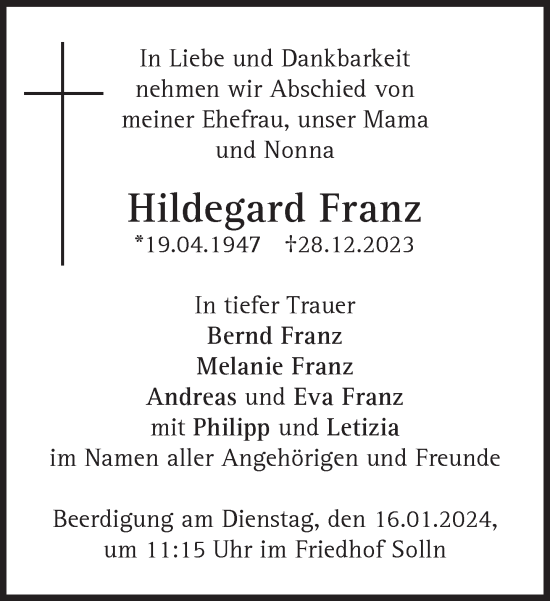 Traueranzeige von Hildegard Franz von Süddeutsche Zeitung