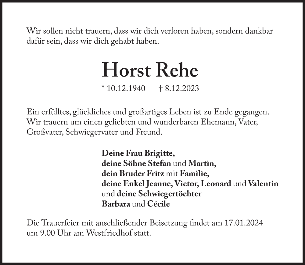  Traueranzeige für Horst Rehe vom 05.01.2024 aus Süddeutsche Zeitung