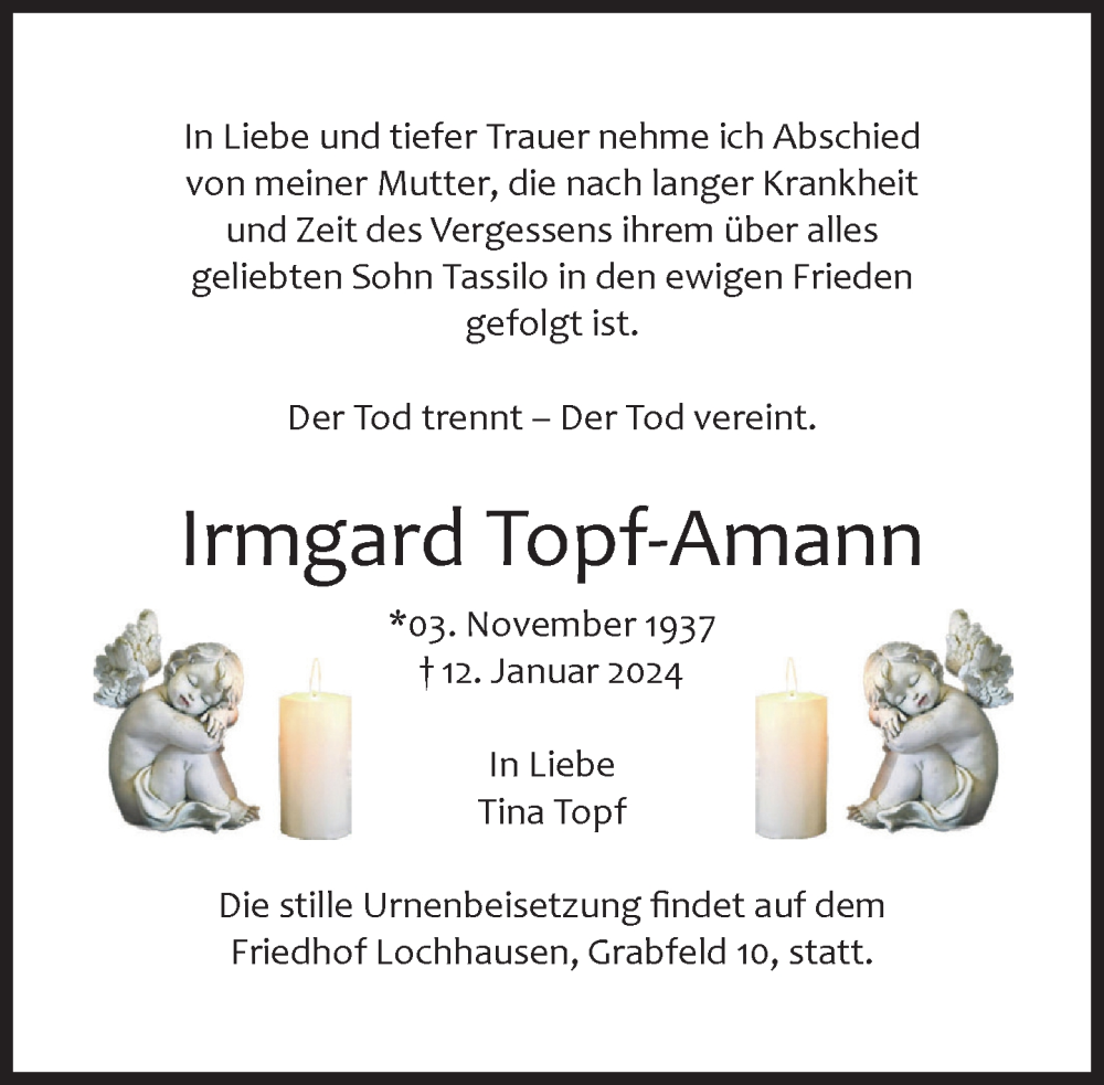  Traueranzeige für Irmgard Topf-Amann vom 27.01.2024 aus Süddeutsche Zeitung