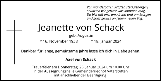 Traueranzeige von Jeanette von Schack von Süddeutsche Zeitung