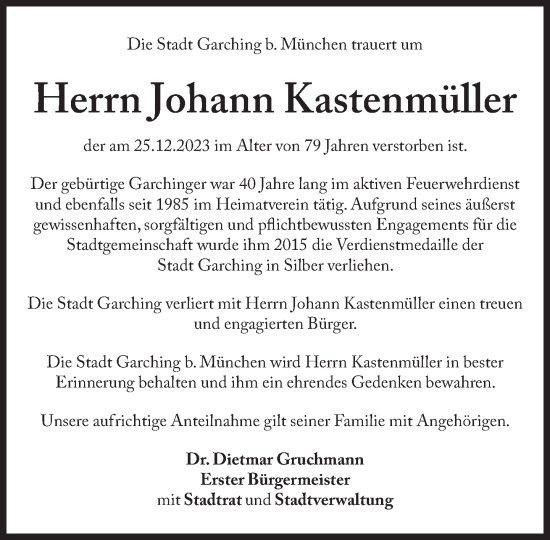 Traueranzeige von Johann Kastenmüller von Süddeutsche Zeitung