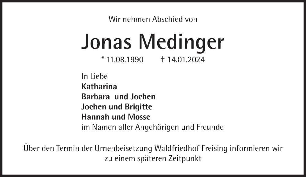  Traueranzeige für Jonas Medinger vom 20.01.2024 aus Süddeutsche Zeitung