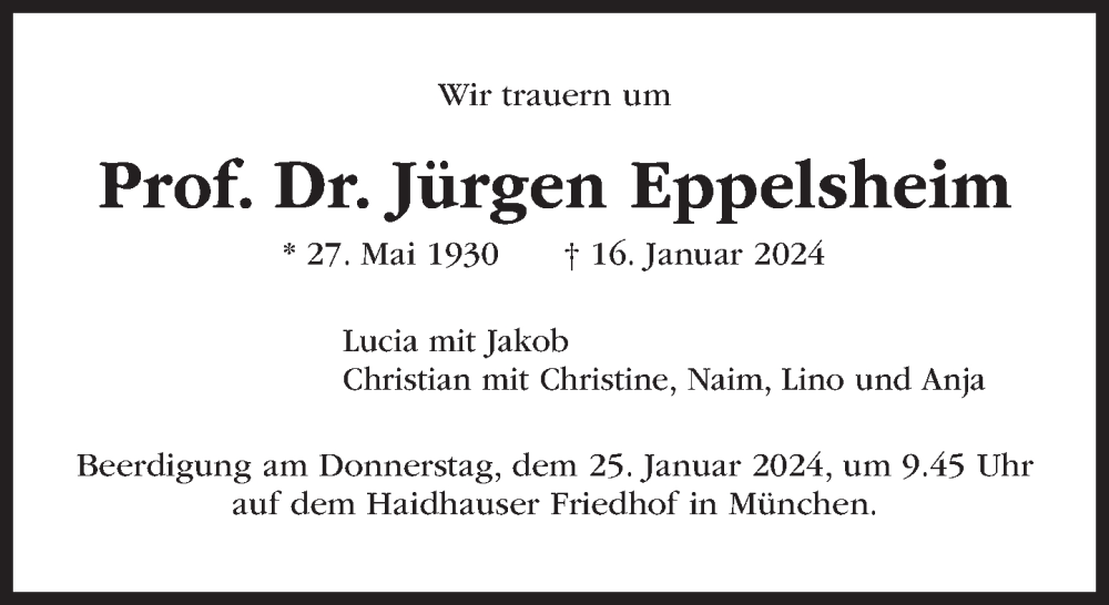  Traueranzeige für Jürgen Eppelsheim vom 20.01.2024 aus Süddeutsche Zeitung