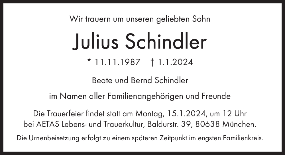  Traueranzeige für Julius Schindler vom 13.01.2024 aus Süddeutsche Zeitung