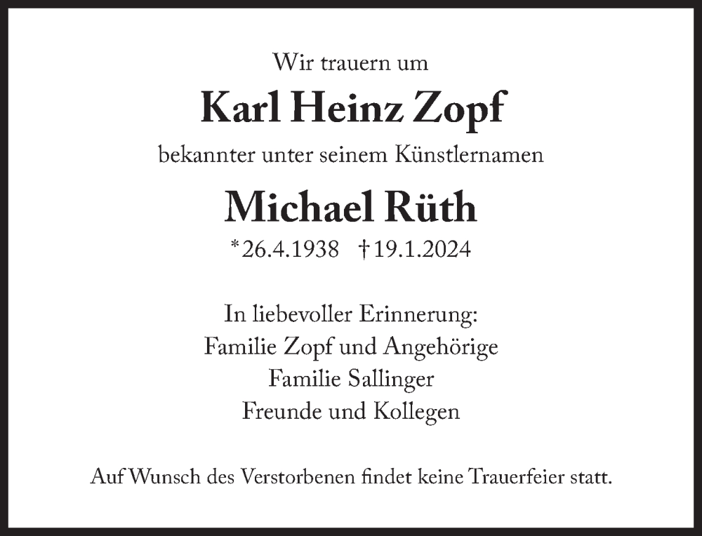  Traueranzeige für Karl Heinz Zopf vom 27.01.2024 aus Süddeutsche Zeitung