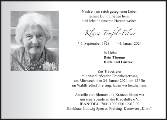 Traueranzeige von Klara Teufel-Filser von Süddeutsche Zeitung