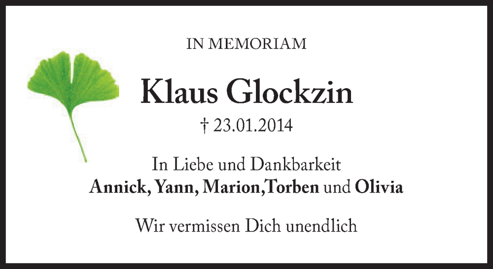  Traueranzeige für Klaus Glockzin vom 23.01.2024 aus Süddeutsche Zeitung