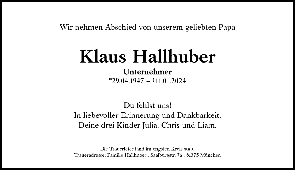  Traueranzeige für Klaus Hallhuber vom 27.01.2024 aus Süddeutsche Zeitung