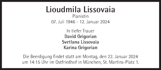 Traueranzeige von Lioudmila Lissovaia von Süddeutsche Zeitung