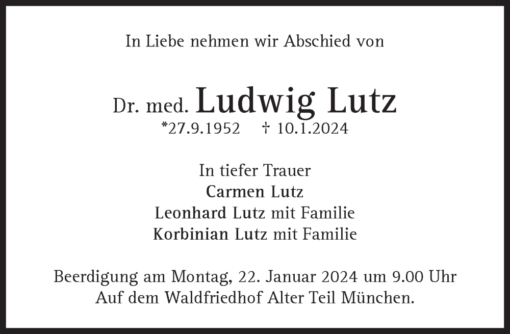  Traueranzeige für Ludwig Lutz vom 20.01.2024 aus Süddeutsche Zeitung