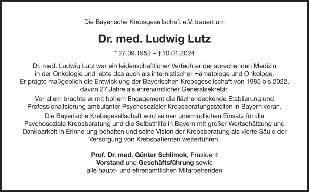  Traueranzeige für Ludwig Lutz vom 20.01.2024 aus Süddeutsche Zeitung