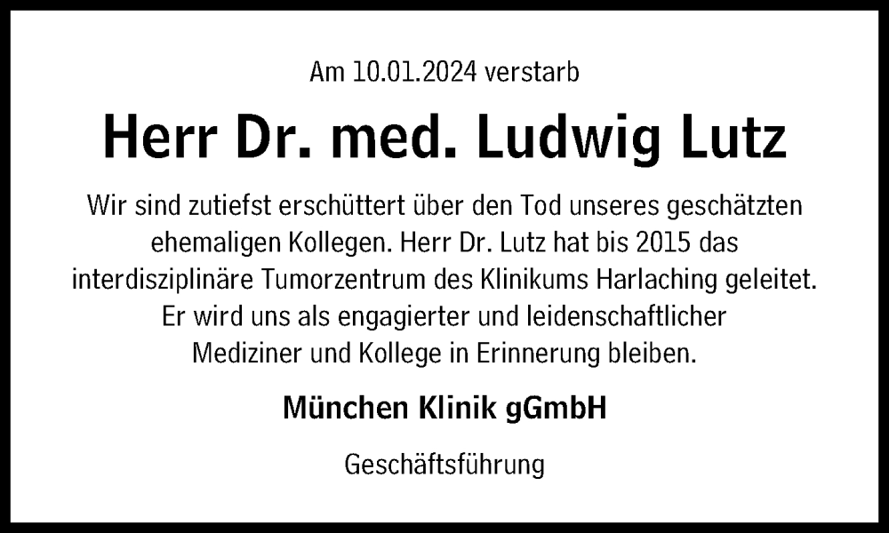  Traueranzeige für Ludwig Lutz vom 27.01.2024 aus Süddeutsche Zeitung