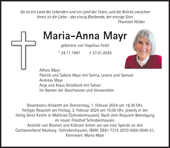 Traueranzeige von Maria-Anna Mayr von Süddeutsche Zeitung