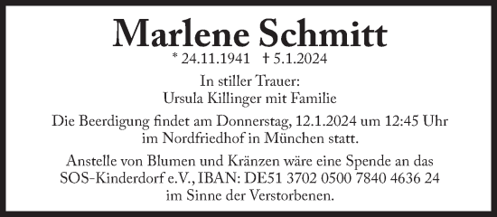 Traueranzeige von Marlene Schmitt von Süddeutsche Zeitung