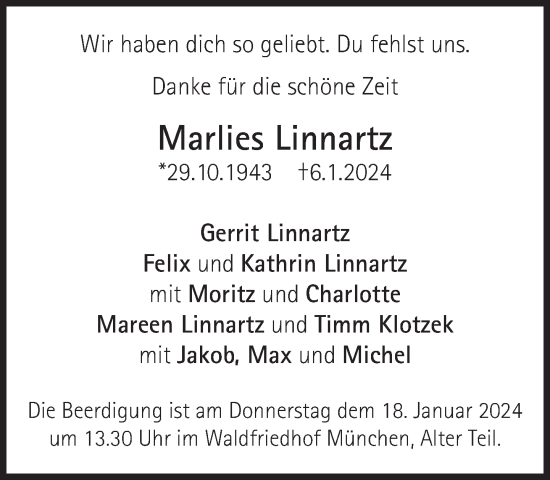 Traueranzeige von Marlies Linnartz von Süddeutsche Zeitung