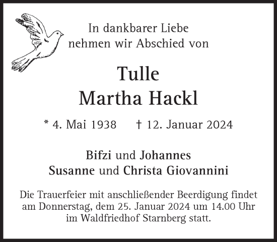Traueranzeige von Martha Hackl von Süddeutsche Zeitung