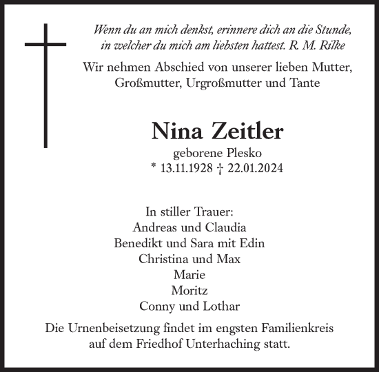 Traueranzeige von Nina Zeitler von Süddeutsche Zeitung