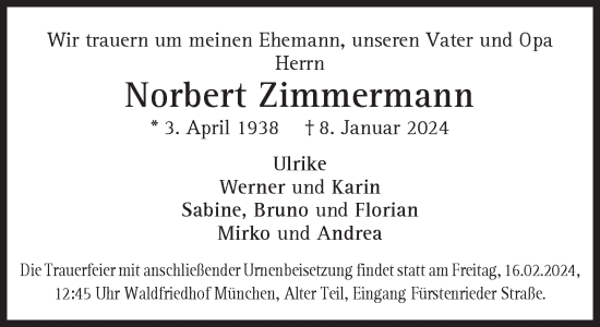Traueranzeige von Norbert Zimmermann von Süddeutsche Zeitung
