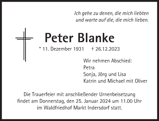 Traueranzeige von Peter Blanke von Süddeutsche Zeitung