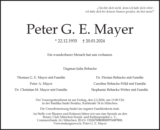 Traueranzeige von Peter G. E. Mayer von Süddeutsche Zeitung