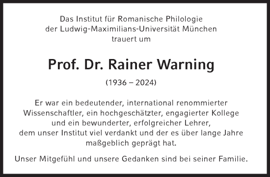 Traueranzeige von Rainer Warning von Süddeutsche Zeitung